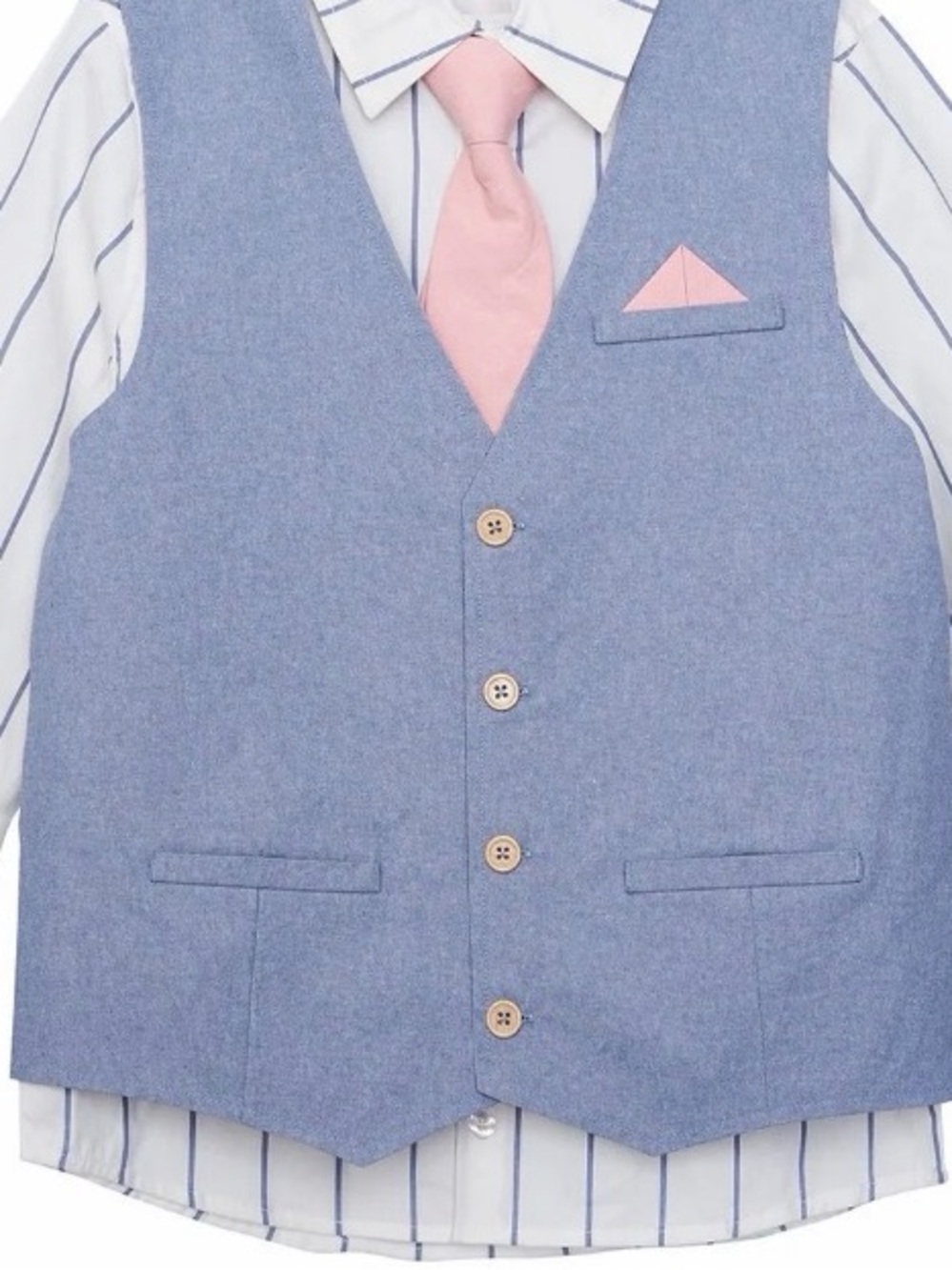Boys Light Blue Linen-Look Vest with Pink Tie & Pocket Square